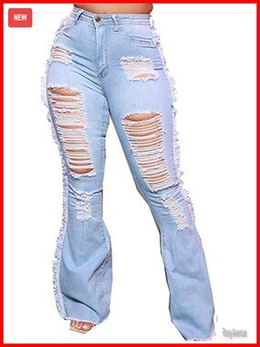 High Waisted Bell Bottom Jeans Ripped Stretch Denim Flare Tummy Control